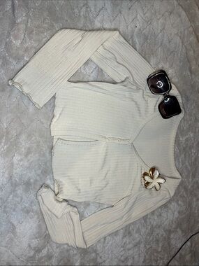SHEIN Cream Ribbed Long Sleeve Button Front Top
